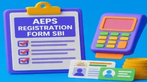 3D illustration showing AEPS Registration Form SBI with payment machine, ID cards, and coins on a blue background.