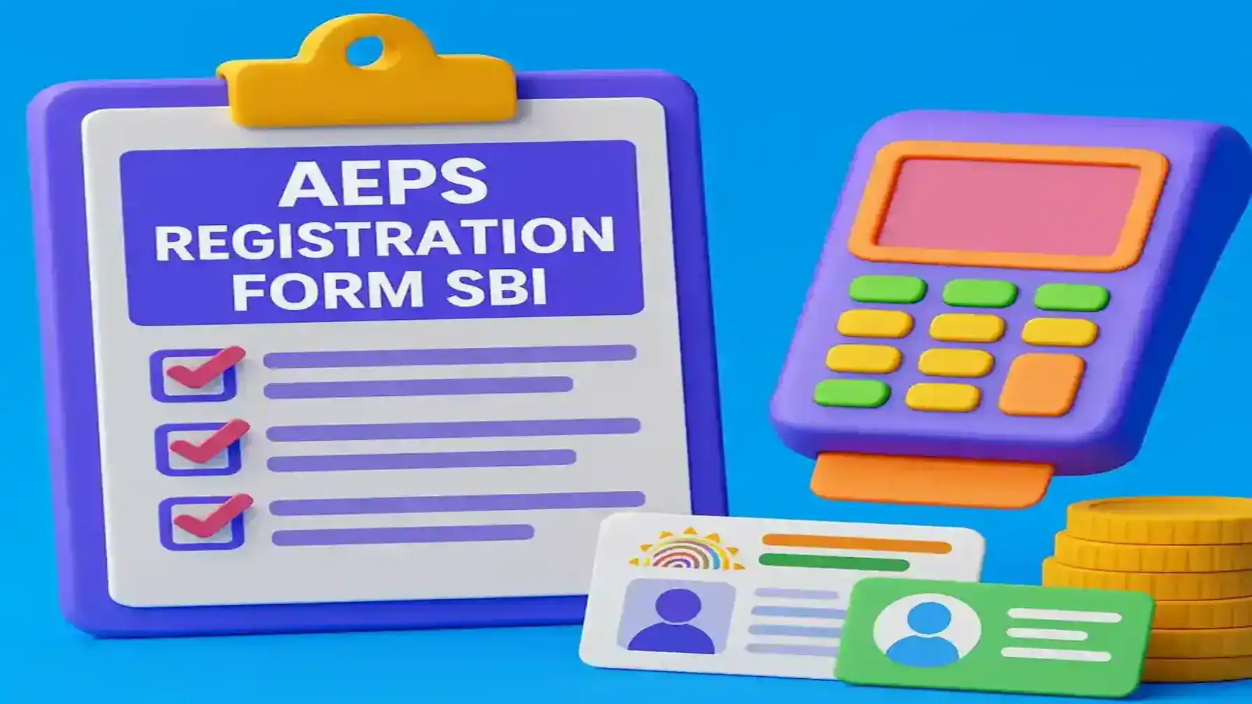 3D illustration showing AEPS Registration Form SBI with payment machine, ID cards, and coins on a blue background.