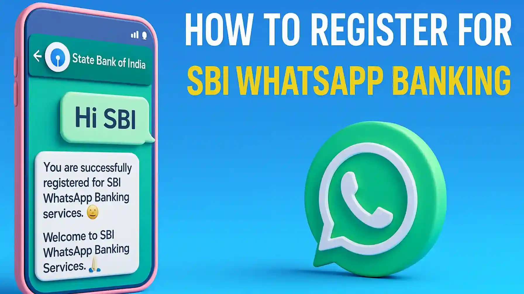 SBI WhatsApp Banking registration 3D image with phone chat and WhatsApp logo