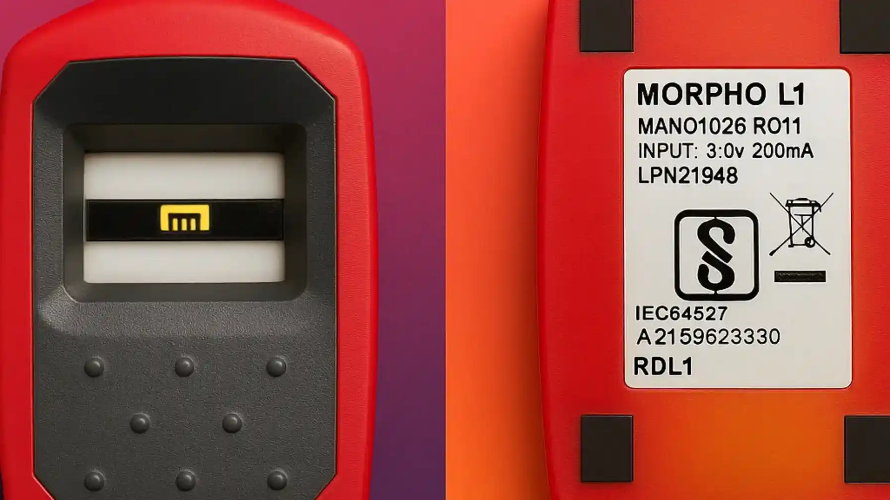 Morpho L1 fingerprint scanner front and back view — AEPS biometric device driver for secure Aadhaar-enabled transactions.