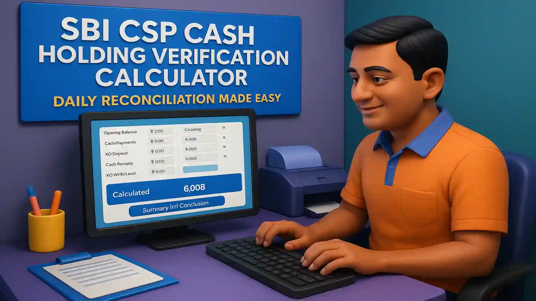3D image of an Indian kiosk operator using the SBI CSP Cash Holding Verification Calculator for daily reconciliation.