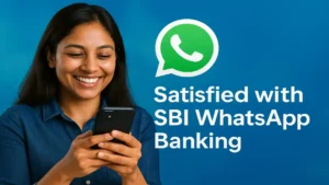 Smiling Indian woman using SBI WhatsApp Banking on smartphone with WhatsApp logo and satisfaction text on blue background