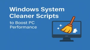 Windows System Cleaner Scripts to Boost PC Performance illustration with broom cleaning a computer screen