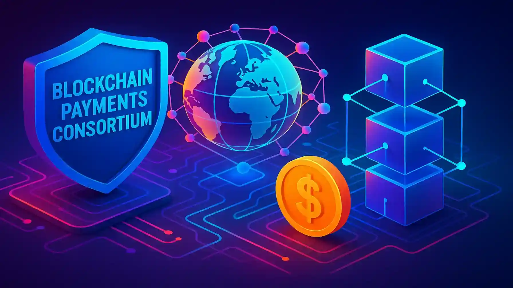 3D illustration of the Blockchain Payments Consortium with a shield logo, a glowing globe, currency symbol, and blockchain cube structure in neon colors