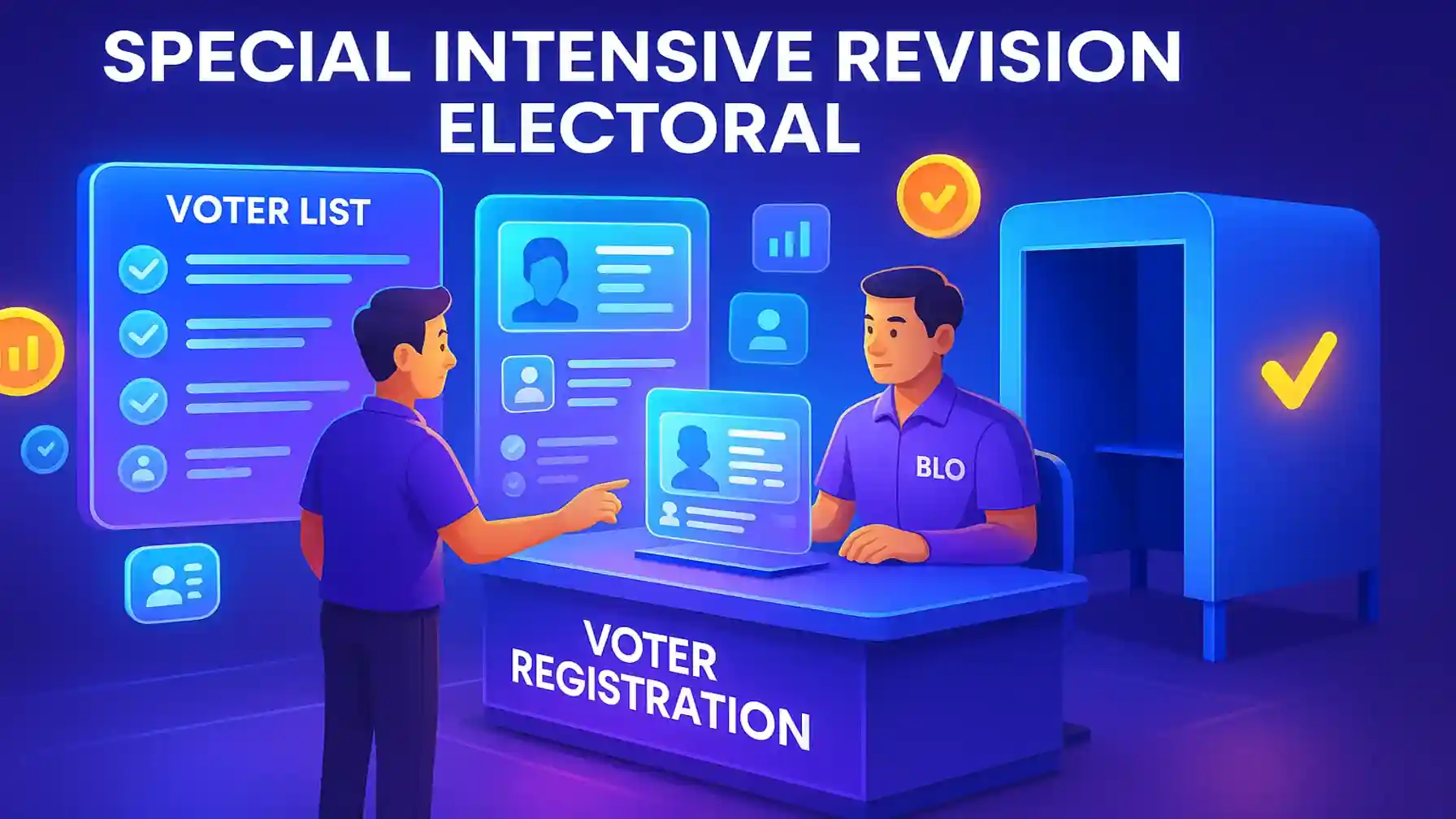 3D futuristic voter registration desk with holographic voter lists, glowing ID cards, and a Booth Level Officer assisting a citizen.