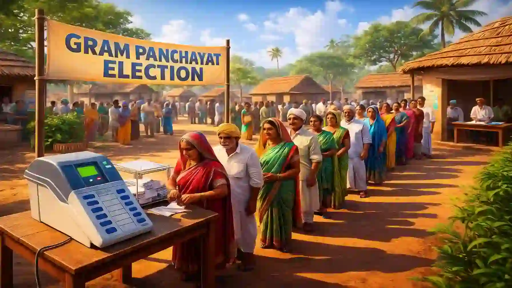 Villagers voting at a rural Gram Panchayat polling booth