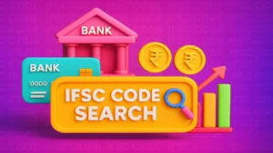 3D featured image illustrating IFSC Code Search with colorful banking elements and icons.