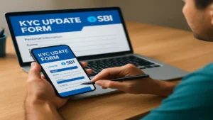 A person filling the KYC Update Form SBI online on a smartphone while using a laptop, showing digital form fields and the SBI logo.