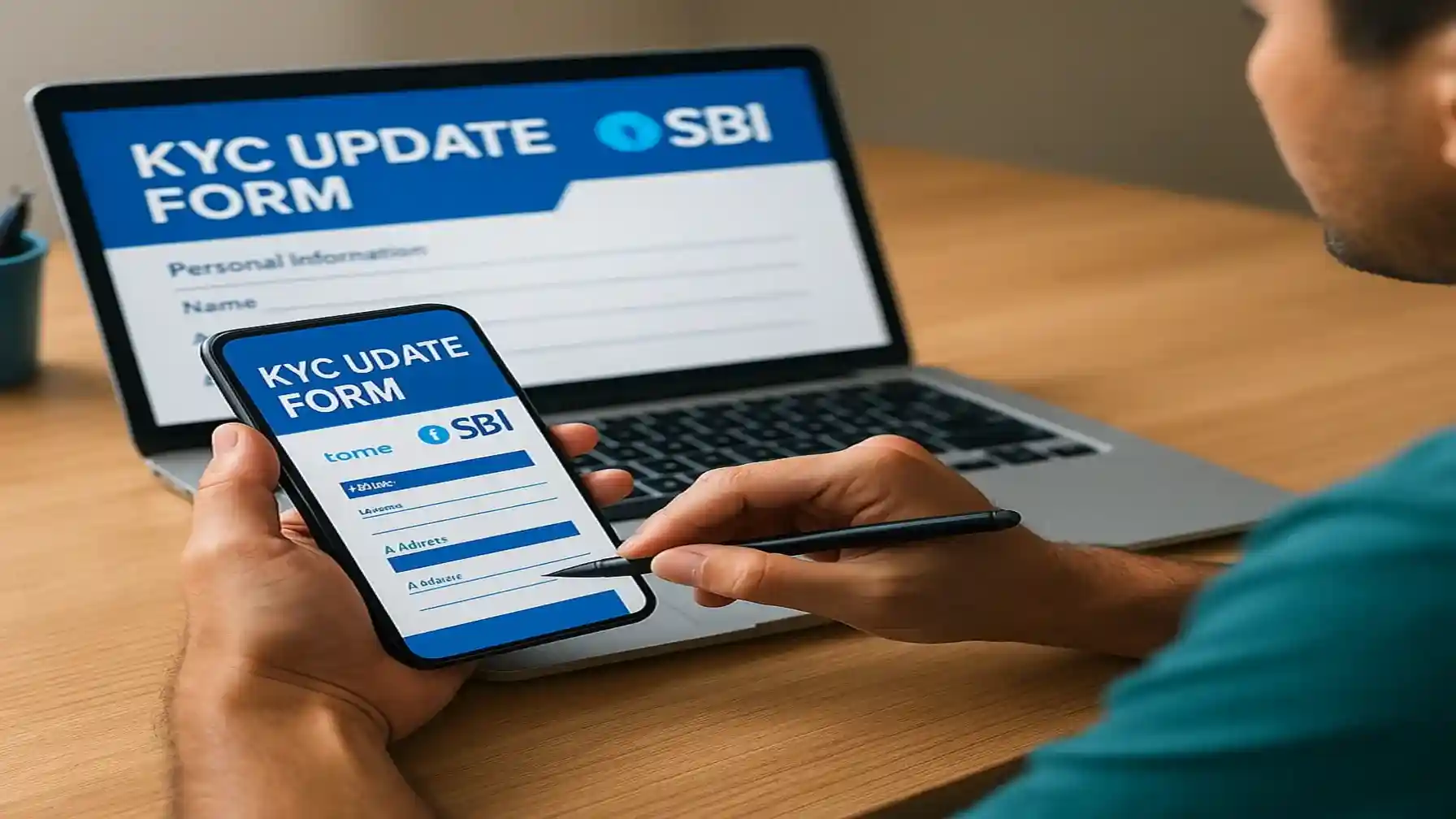 A person filling the KYC Update Form SBI online on a smartphone while using a laptop, showing digital form fields and the SBI logo.