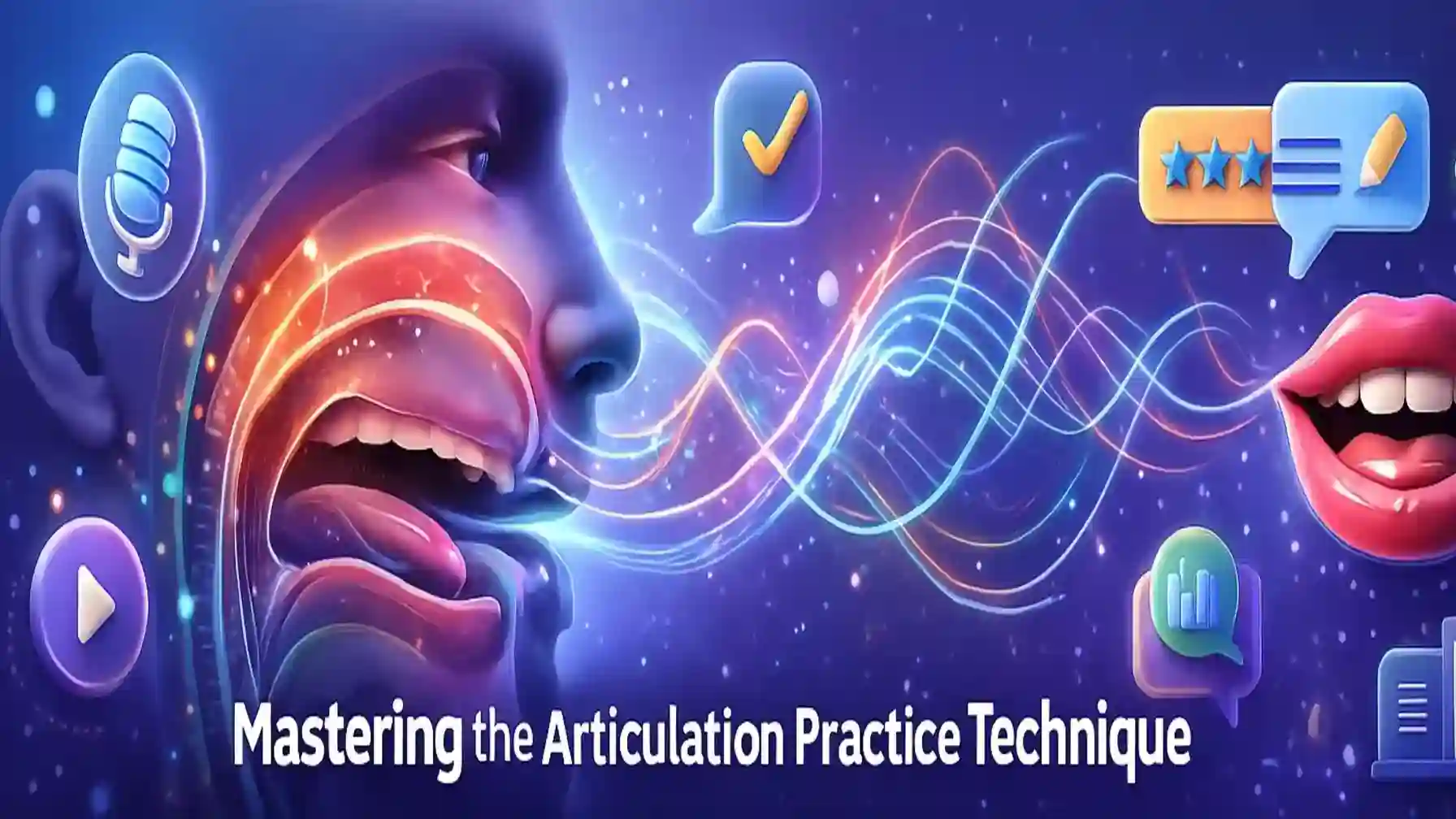 3D illustration of a human head showing tongue, lips, and airflow patterns to represent articulation practice