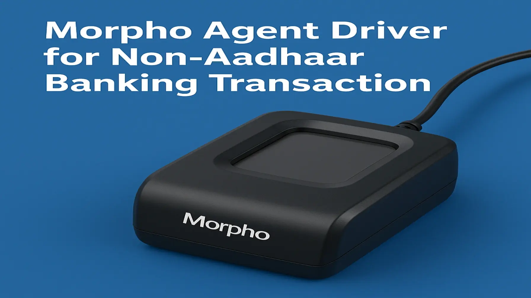 Morpho fingerprint scanner with text reading 'Morpho Agent Driver for Non-Aadhaar Banking Transaction' on a blue background.