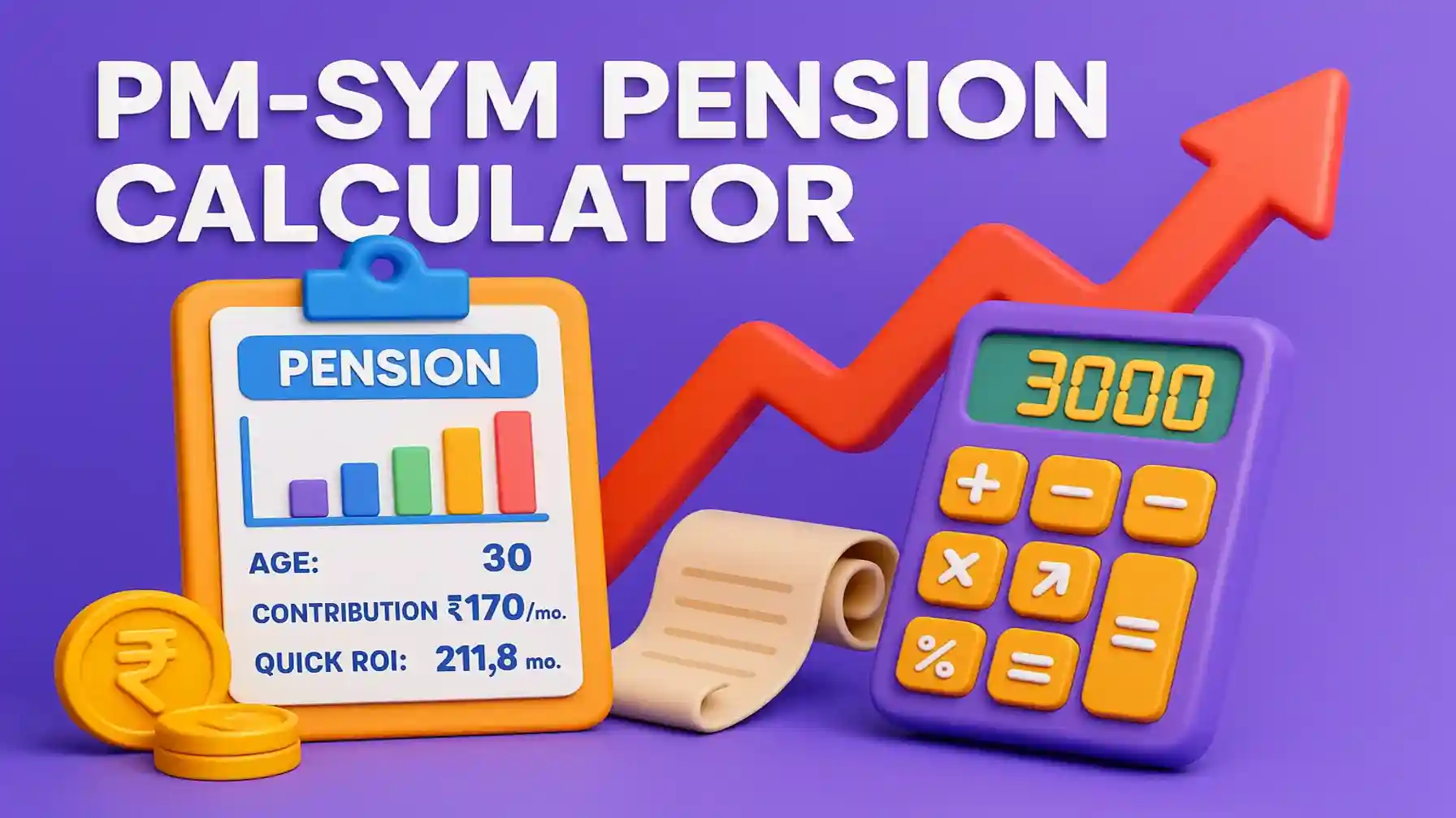 PM-SYM pension calculator 3D illustration with charts and calculator