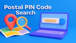 3D illustration showing a laptop, map pin, magnifying glass, and the text Postal PIN Code Search