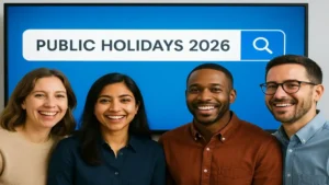 Group of smiling men and women checking Public Holidays 2026 on a large digital display board.