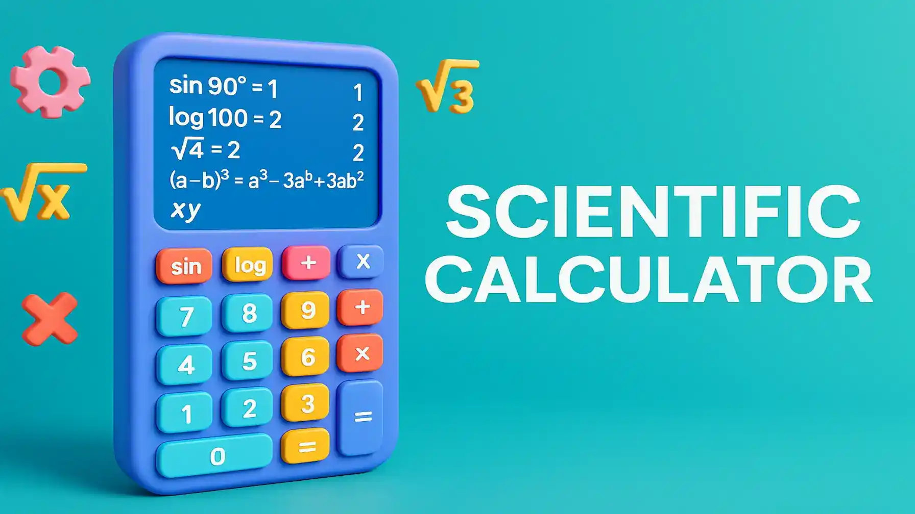 3D scientific calculator with colorful buttons on teal background.
