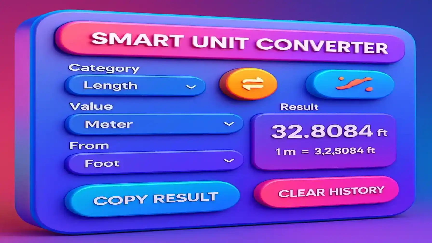 3D colorful interface of Smart Unit Converter app showing length