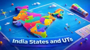 Colorful 3D map of India showing states and union territories