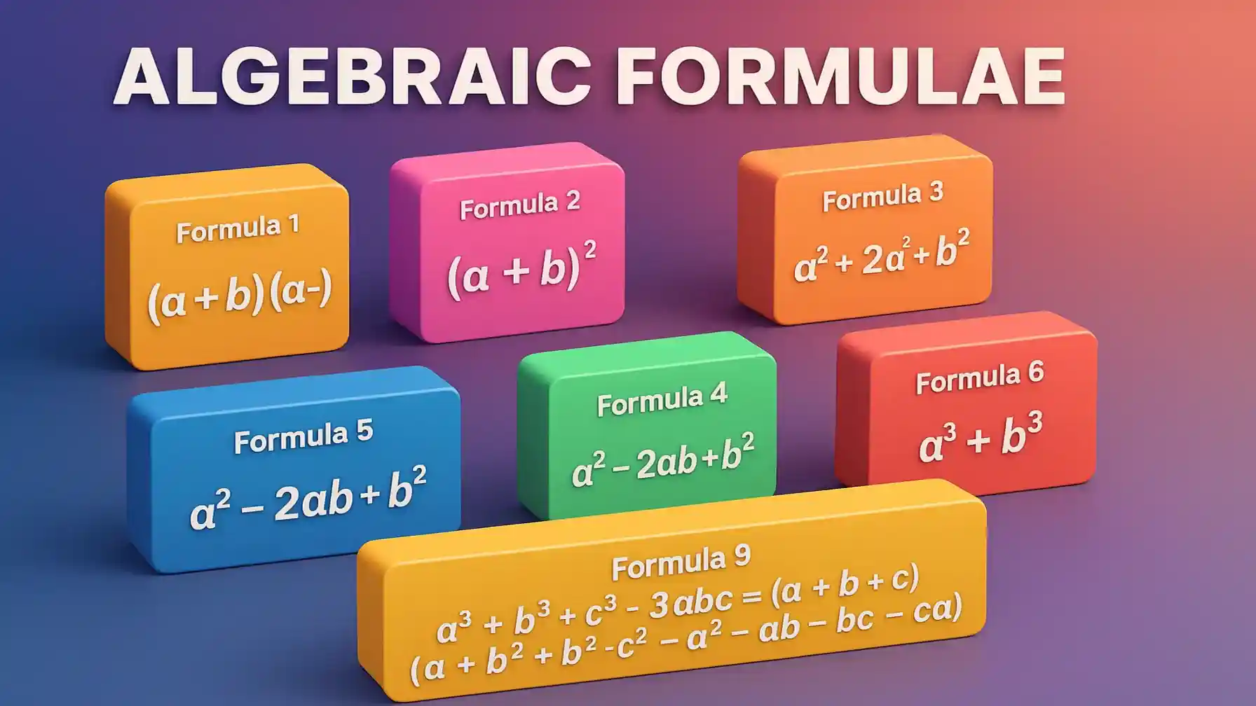 3D colorful blocks displaying algebraic formulae on a gradient background.