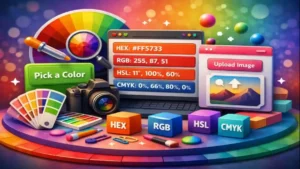 3D color code picker tool with HEX RGB CMYK