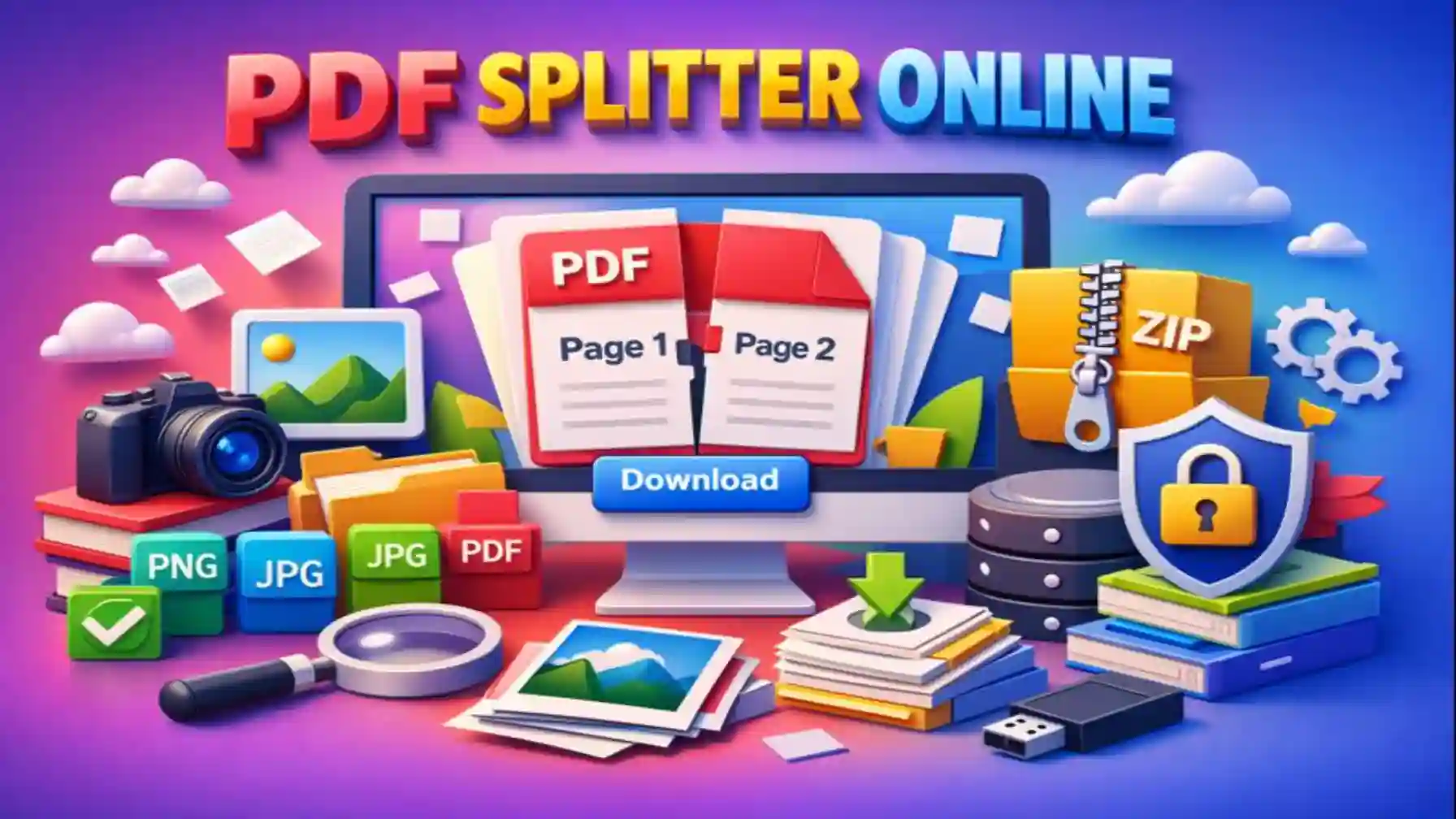 3D illustration of PDF splitter online tool with file formats