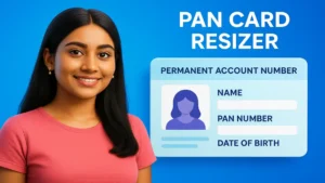 Smiling woman beside abstract PAN card showing Pan Card Resizer tool
