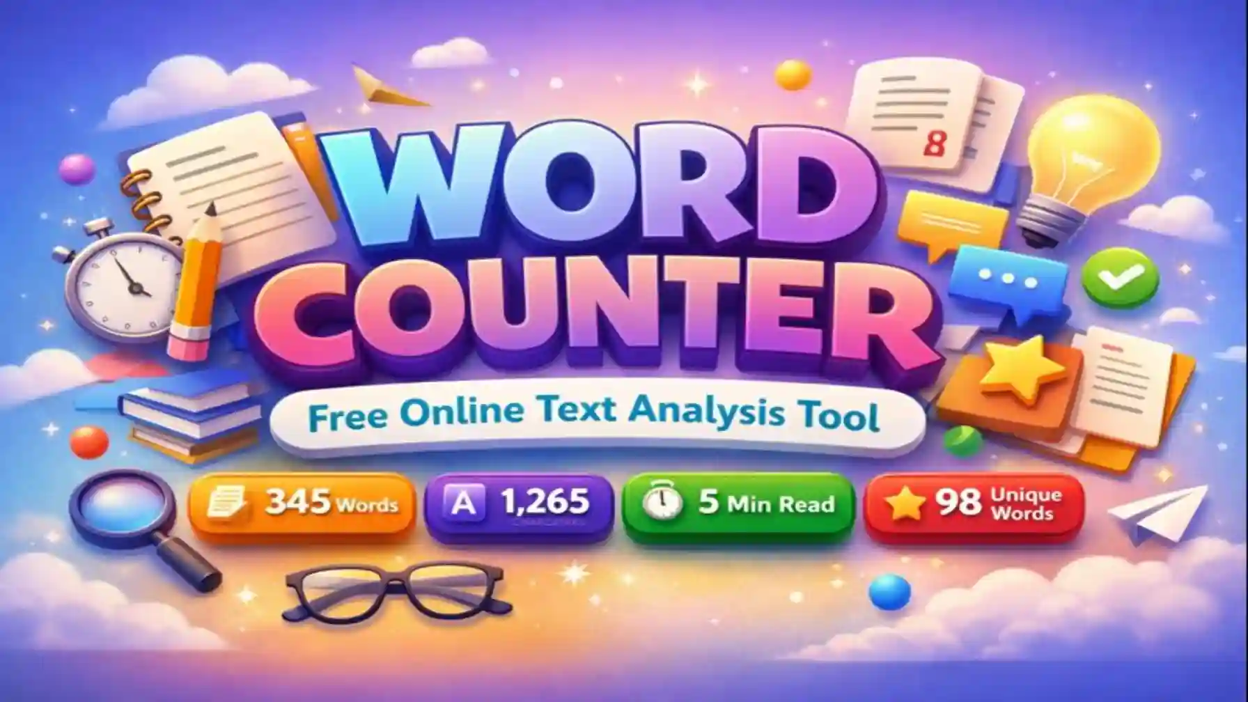3D colorful illustration of an online word counter tool interface