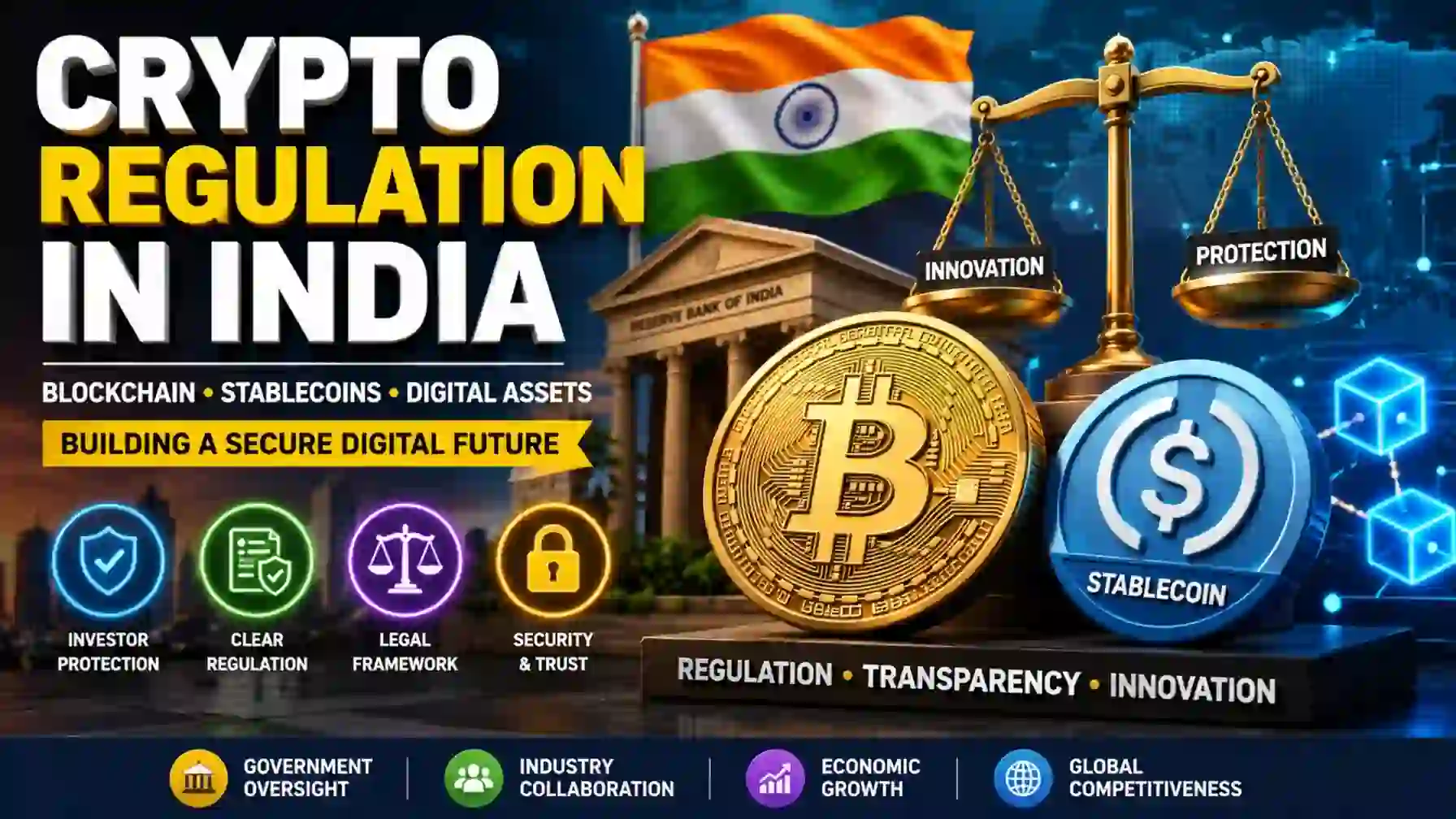 3D illustration of Crypto Regulation in India with blockchain, Bitcoin, stablecoins, RBI, and digital finance concepts.