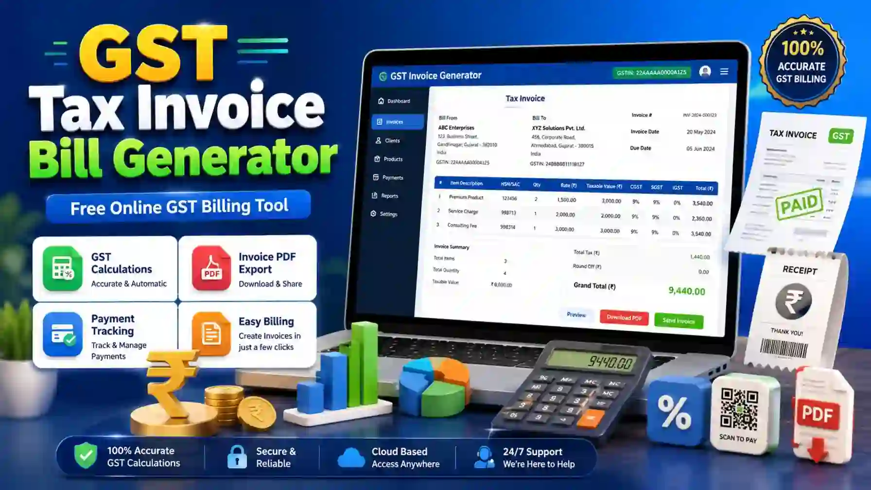 GST Tax Invoice Bill Generator with online billing and PDF export.